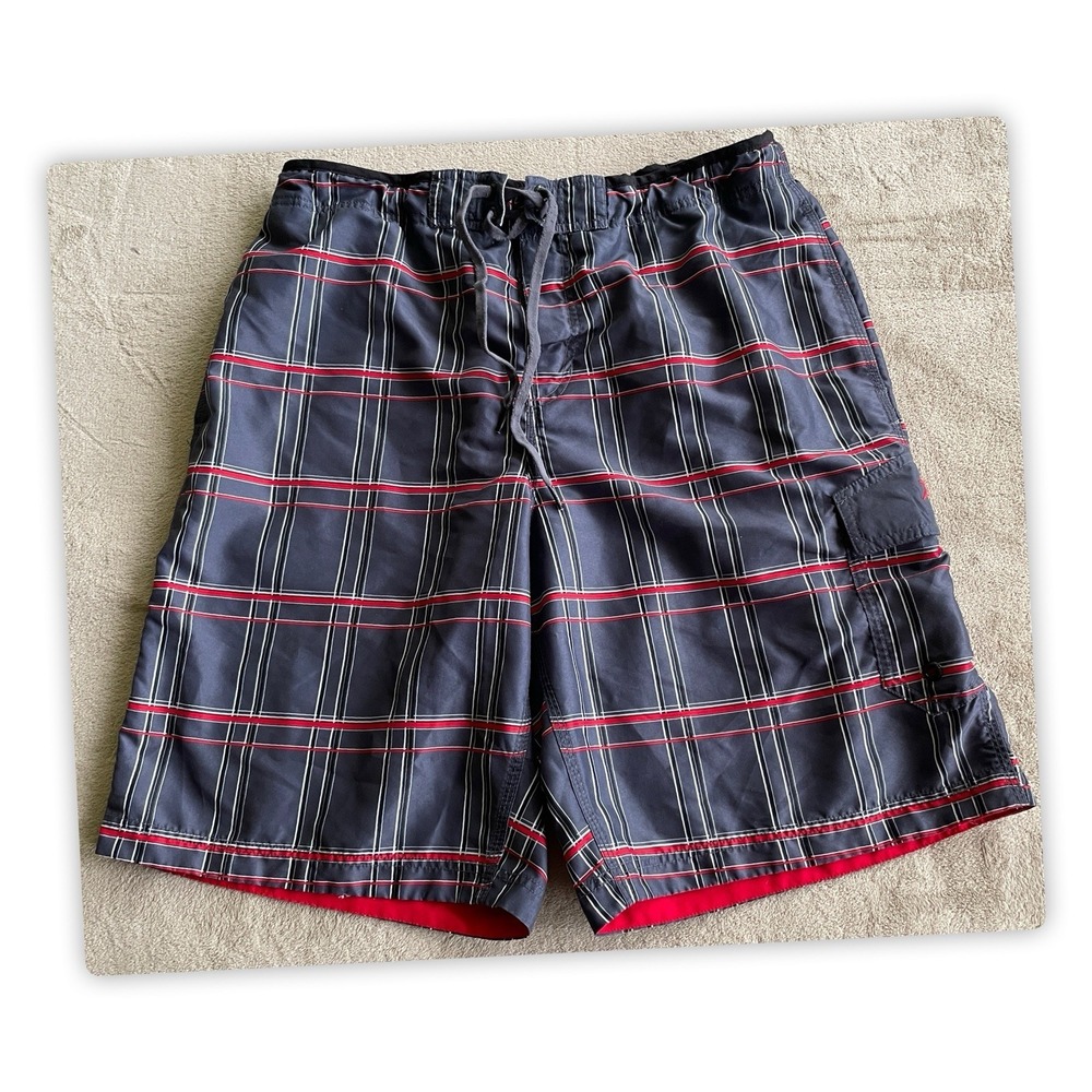Speedo Men's Plaid Board Shorts Swim Trunks Cargo Pocket Gray Red Size Large